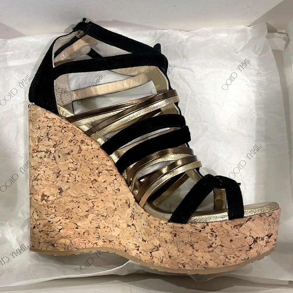 Jimmy Choo SUEDE/NAPPA/MIRROR BLACK Wedge - STYLE 121PEKABO Cork Wedges - Picture 6 of 9